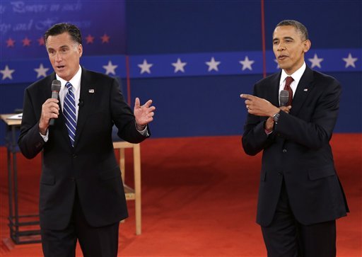 President Barack Obama and Republican presidential nominee Mitt Romney exchange views during the second presidential debate at Hofstra University, Tuesday, Oct. 16, 2012, in Hempstead, N.Y. 