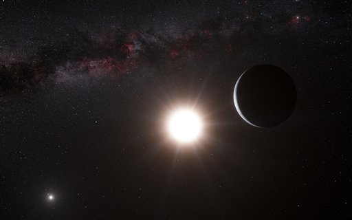 This artist’s impression made available by the European Southern Observatory on Tuesday, Oct. 16, 2012 shows a planet, right, orbiting the star Alpha Centauri B, center, a member of the triple star system that is the closest to Earth. Alpha Centauri A is at left. The Earth's Sun is visible at upper right. Searching across the galaxy for interesting alien worlds, scientists made a surprising discovery: a planet remarkably similar to Earth in a solar system right next door. Other Earth-like planets have been found before, but this one is far closer than previous discoveries. Unfortunately, the planet is way too hot for life, and it’s still 25 trillion miles away.