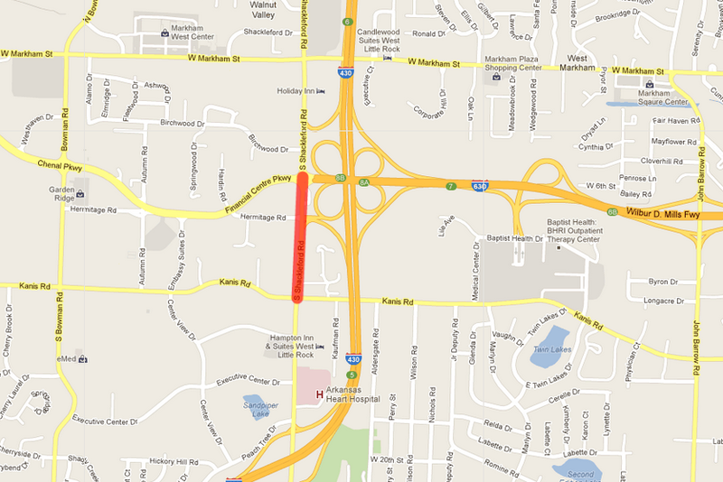 This Google map shows in red the location where lane closures will be in effect on Shackleford Road in Little Rock this week.