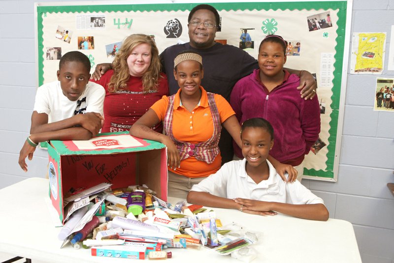 From the left, Stevie Eskridge, Ashlyn Mattocks, Mikiyia Floyd, Glen Lane, Mikayla Floyd and Kadejha Verser are part of Our Club, which is conducting a supply drive to benefit The Salvation Army. The club is collecting personal items, such as toothpaste, toothbrushes and soap.