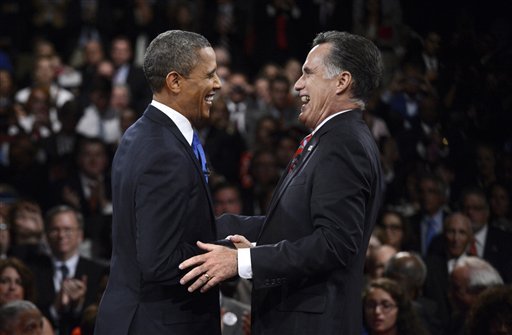 President Barack Obama and Republican presidential nominee Mitt Romney laugh at the conclusion of the the third presidential debate at Lynn University, Monday, Oct. 22, 2012, in Boca Raton, Fla. 