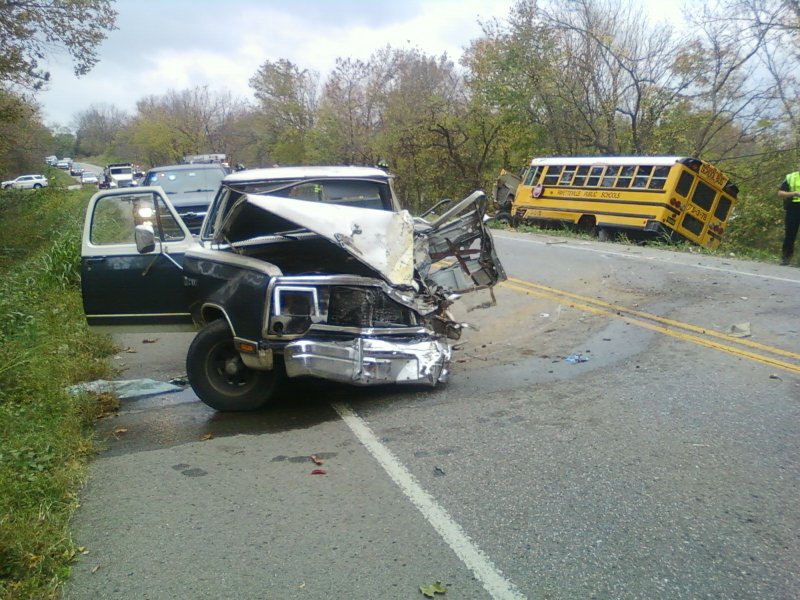 The scene of a wreck Monday involving a pickup and a Fayetteville school bus.