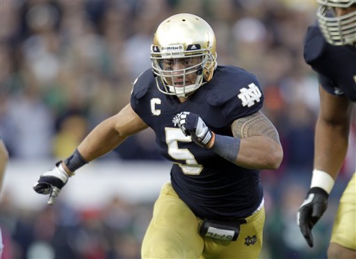 Notre Dame linebacker Manti Te'o during the second half of an NCAA college football game against the BYU in South Bend, Ind., Saturday, Oct. 20, 2012. Notre Dame defeated BYU 17-14. (AP Photo/Michael Conroy)