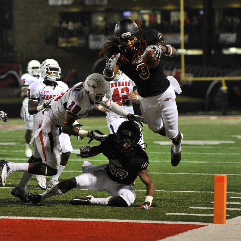 Arkansas State receiver Josh Jarboe (3) dives into the end zone scoring a 15 yard third quarter touchdown against South Alabama Saturday night at Liberty Bank stadium in Jonesboro. Arkansas State won 36-29. Jarboe was selected to play in the Raycom College Football All-Star Classic next month.

Special to the Arkansas Democrat Gazette/JIMMY JONES