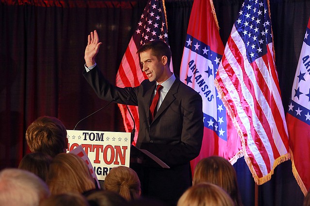 Tom Cotton addresses supporters during a watch party in Hot Springs on Tuesday evening after the Republican won Arkansas’ 4th District congressional seat. 