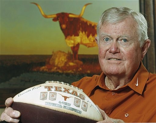 FILE - This Sept. 18, 2007 file photo shows former Texas head football coach Darrell Royal posed at his apartment complex in Austin, Texas. The University of Texas says Royal, who won two national championships and a share of a third, has died. He was 88. UT spokesman Nick Voinis on Wednesday, Nov. 7, 2012 confirmed Royal's death in Austin. (AP Photo/Harry Cabluck)