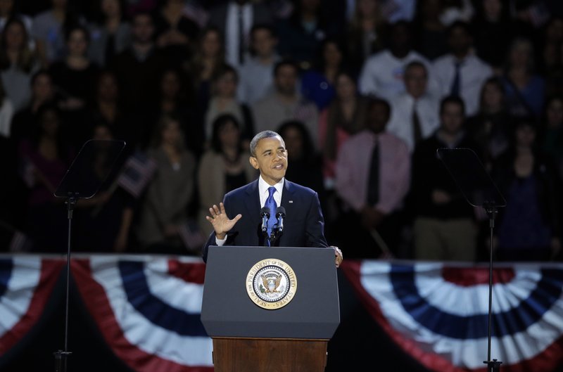President Barack Obama speaks at his election night party Wednesday, Nov. 7, 2012, in Chicago. President Obama defeated Republican challenger former Massachusetts Gov. Mitt Romney. 