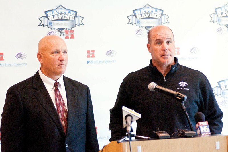 Henderson State Coach Scott Maxfield. left, and Ouchita Baptist Coach Todd Knight are shown in this file photo.