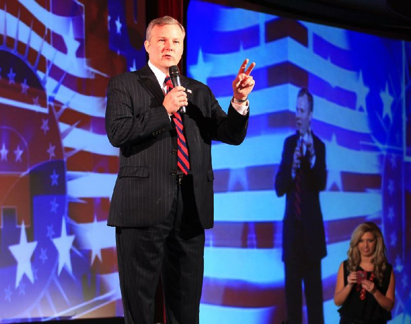 Arkansas Democrat-Gazette/BENJAMIN KRAIN --11/6/12--
Congressman Tim Griffin address a crowd of supporters at an election watch party Tuesday night at the Embassy Suites in Little Rock. 