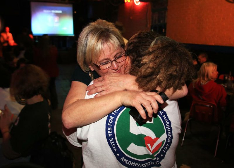 Arkansas Democrat-Gazette/RICK MCFARLAND --11/06/12-- Melissa Fults (facing) hugs Aubrey Buchanan at the watch party for the group supporting the medical marijuana act. Fults is the spokeperson and treasurer with Arkansas for Compassionate Care. The party was at Vino's restaurant in Little Rock Tuesday. 