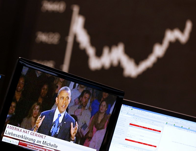 The curve of the German stock index DAX is pictured as news about the U.S. election appears on a television screen at the stock market in Frankfurt on Wednesday, Nov. 7, 2012. 