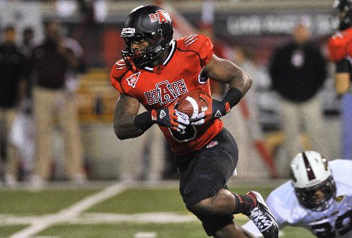 JIMMY JONES/Special to the Arkansas Democrat-Gazette -- ASU running back Frankie Jackson runs for a first down during the 2nd quarter against ULM at Liberty Bank stadium in Jonesboro.