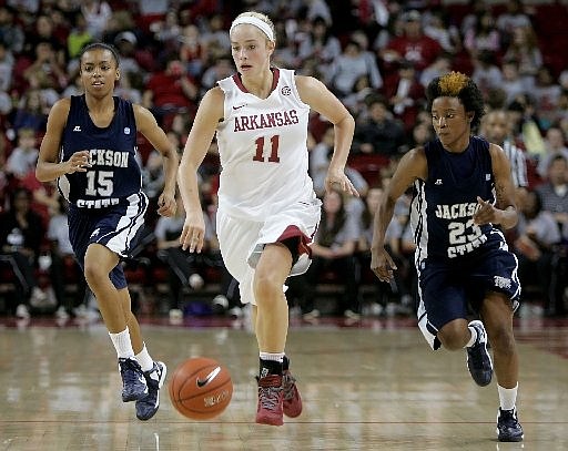 NWA Media/DAVID GOTTSCHALK -- Arkansas' Calli Berna brings the ball down court in front of Jackson State's Demara Howard (15) and Marchetta Parker (23) Friday afternoon at Bud Walton Arena in Fayetteville. Berna scored a career-high 22 points in the 97-58 win. 