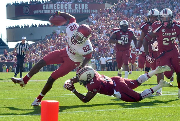 Arkansas receiver Mekale McKay, tripped up just short of the goal line against South Carolina, had three catches for 49 yards in the Razorbacks’ 38-20 loss to the Gamecocks on Saturday. The drive ended with a Dennis Johnson fumble at the 5. 