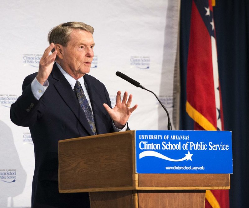Jim Lehrer, the veteran PBS news anchor who has moderated 12 presidential and vice presidential election debates, describes his debate experiences Tuesday night during a lecture at the Robinson Center in Little Rock hosted by the Clinton School of Public Service. 