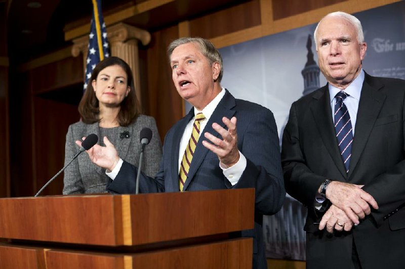 Sen. John McCain (right), joined by Sens. Lindsey Graham (center) and Kelly Ayotte, says he would do all he could to block the nomination of United Nations Ambassador Susan Rice to replace Secretary of State Hillary Rodham Clinton. 