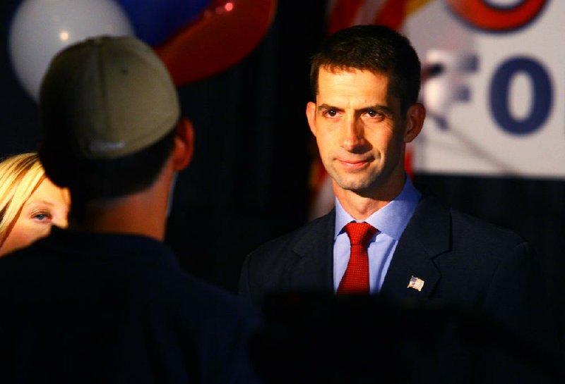 5/22/2012
Arkansas Democrat-Gazette/STEPHEN B. THORNTON
Republican Tom Cotton waits to do a televison interview during a watch party in Hot Springs Tuesday evening for Cotton's bid to be the Republican nominee for the race for Arkansas' 4th district Congresion seat. 