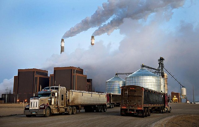 Trucks idle outside the Great River Energy Blue Flint Ethanol plant in Underwood, N.D., in February. The Environmental Protection Agency on Friday denied requests to waive production requirements for corn-based ethanol. 