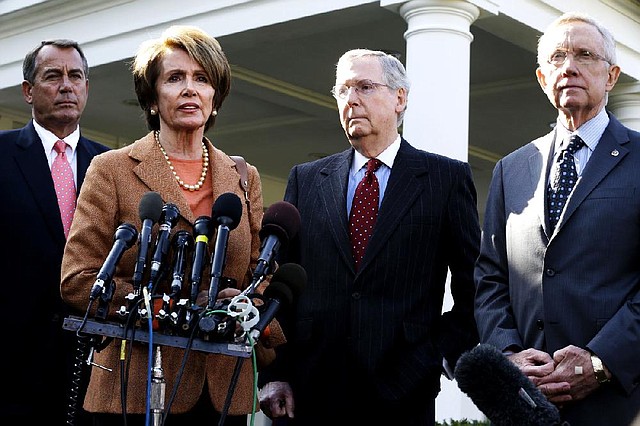 House Minority Leader Nancy Pelosi is joined Friday by (from left) House Speaker John Boehner, Senate Minority Leader Mitch McConnell and Senate Majority Leader Harry Reid after a “fiscal-cliff” meeting with President Barack Obama. 