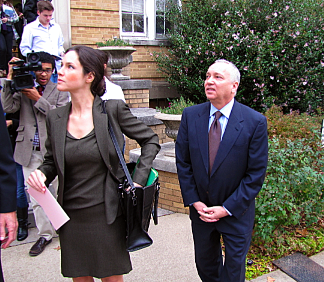 Jack Gillean, right, stands with attorney Nicki Nicolo after a hearing Monday in Faulkner County Circuit Court.