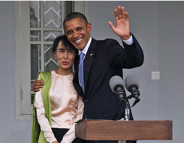 President Barack Obama on Monday embraces Burma opposition leader Aung San Suu Kyi at her lakeside residence in Rangoon, Burma. 