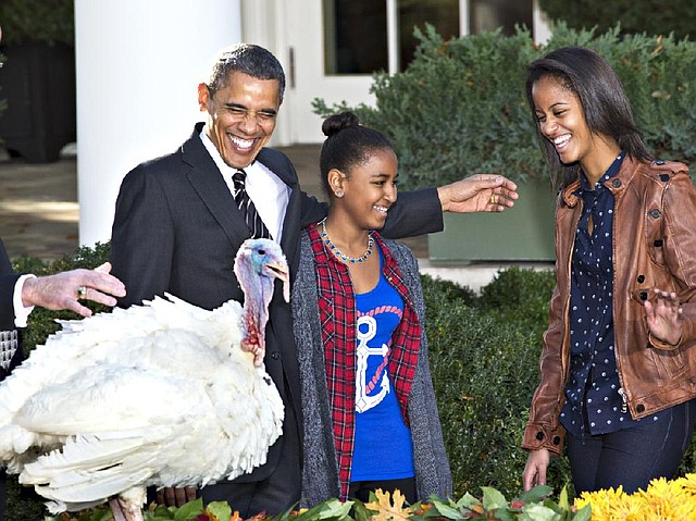 President Barack Obama, with daughters Sasha, center, and Malia, right, carries on the Thanksgiving tradition of saving a turkey from the dinner table with a "presidential pardon," Wednesday, Nov. 21, 2012, in the Rose Garden of the White House in Washington, Wednesday, Nov. 21, 2012.  After the ceremony, "Cobbler" will head to George Washington's historic home in Virginia to be part of the hristmas at Mount Vernonexhibition. (AP Photo/J. Scott Applewhite)