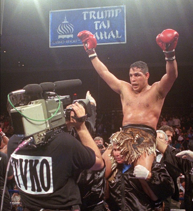Hector “Macho” Camacho, shown after defeating Roberto Duran in an IBC middleweight title fight in 1996, has been declared clinically brain dead by doctors in Puerto Rico. Camacho was shot in the face Tuesday night. 