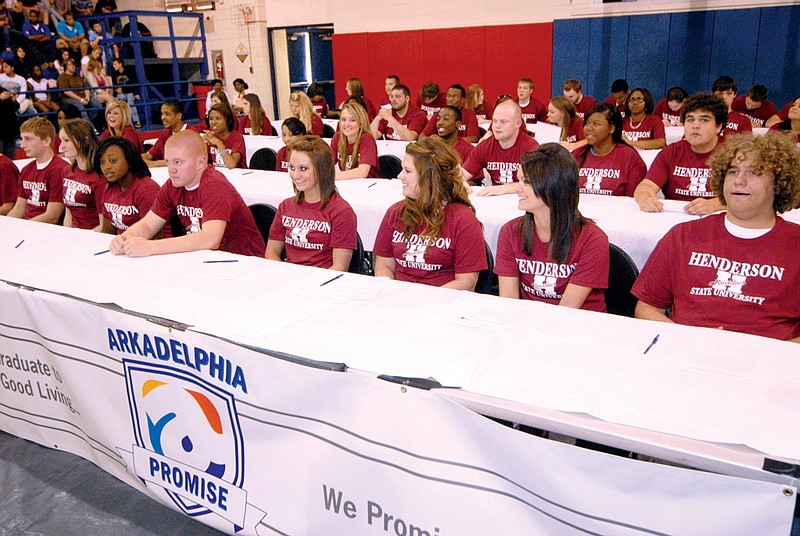 Students who were then Arkadelphia High School seniors signed up to receive the first Arkadelphia Promise Scholarships on May 17, 2011. A report just released states that 70 percent of the students who entered college as Promise Scholars are still in school.