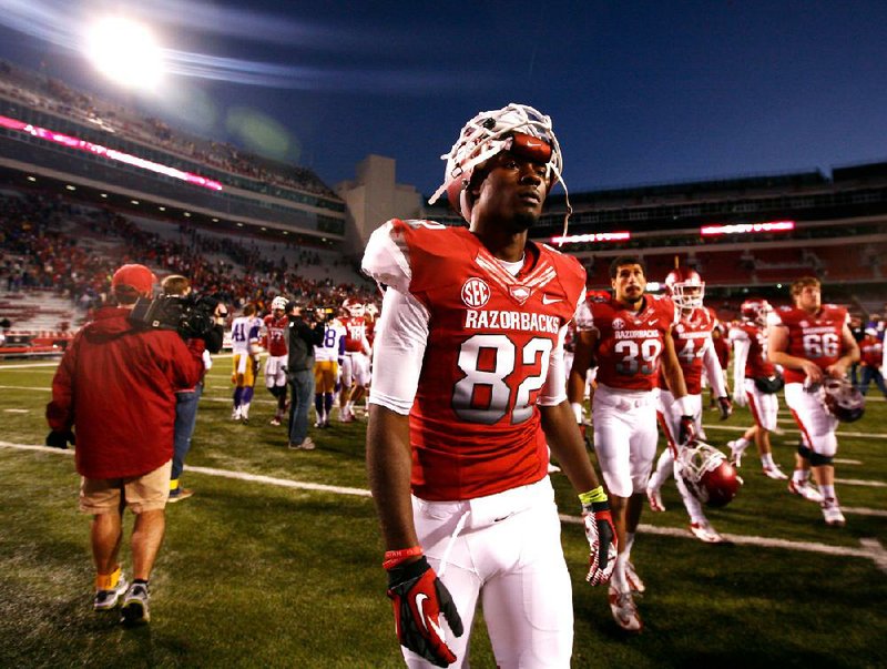 Arkansas wide receiver Mekale McKay leaves the field after the Razorbacks lost to No. 7 LSU 20-13 on Nov. 23 at Reynolds Razorback Stadium in Fayetteville. 