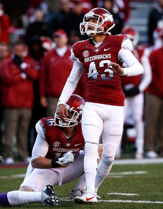 Arkansas sophomore John Henson kicks his first college field goal. Henson replaced Zach Hocker after Hocker missed twice in the first half. 