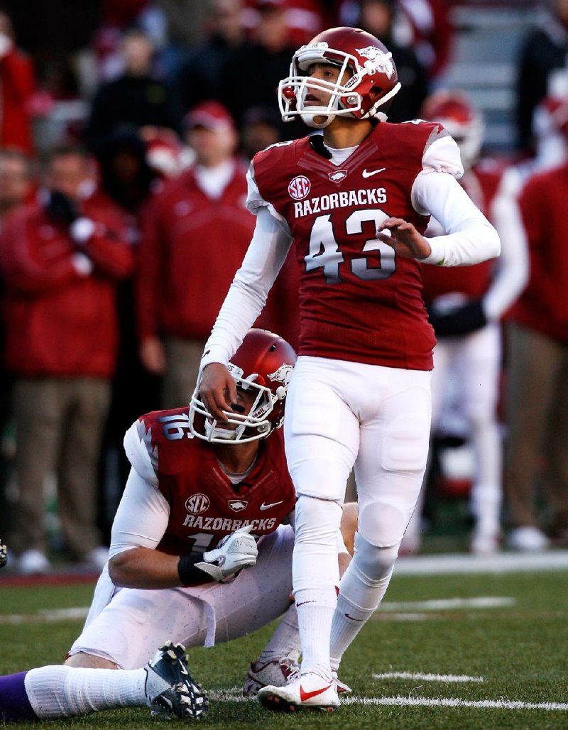 Arkansas sophomore John Henson kicks his first college field goal. Henson replaced Zach Hocker after Hocker missed twice in the first half. 