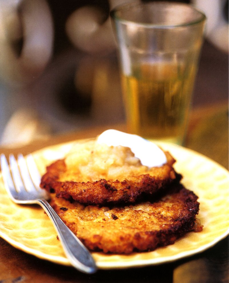 Crispy Potato-Apple Pancakes combine starch and moisture from russet potatoes and the faint sweetness of apples.