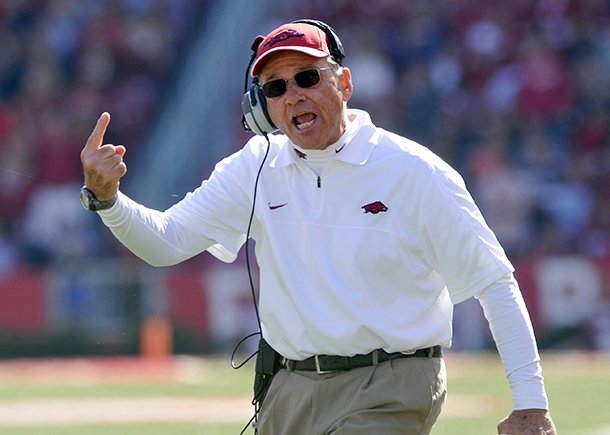 NWA Media/ MICHAEL WOODS --John L. Smith reacts to a call in the fourth quarter of Arkansas' Nov. 3 game against Tulsa at Donald W. Reynolds Razorback Stadium in Fayetteville. 