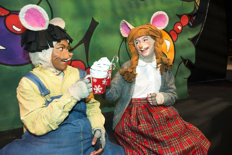 Diondre Wright (left) plays Donny, the Country Mouse, and Sarah Nicholson plays Wanda, the City Mouse, in City Mouse, Country Mouse, Christmas House at the Arkansas Arts Center Children’s Theatre. 