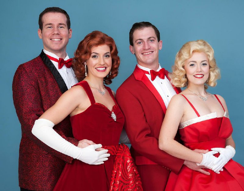 Shane Donovan (from left) as Bob, Jennifer Sheehan as Betty, Case Dillard as Phil and Sarah Agar as Judy star in the Arkansas Repertory Theatre’s production of White Christmas. 