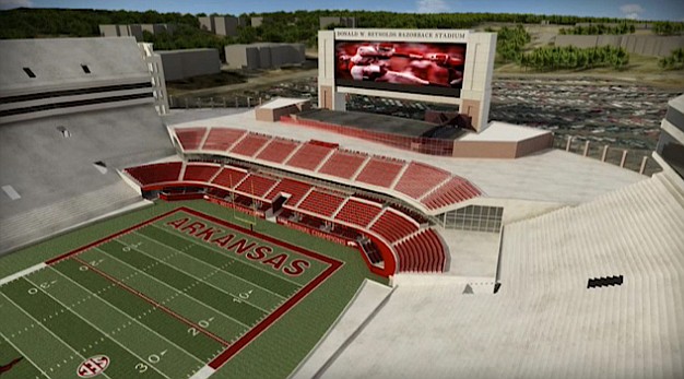 An artist's rendering shows an aerial view of the north end zone at Donald W. Reynolds Razorback Stadium following expansion. 
