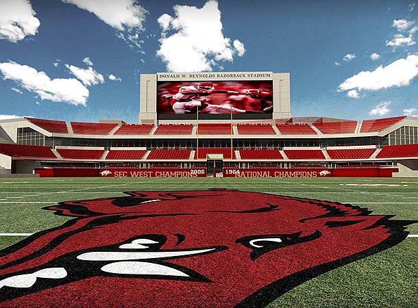 An artist's rendering shows potential expansion to the north end zone at Donald. W. Reynolds Razorback Stadium. 