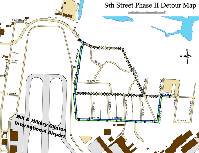 This map released Friday by the city of Little Rock shows new restrictions set to begin next week as a project to reconstruct Ninth Street near the Bill and Hillary Clinton National Airport continues.