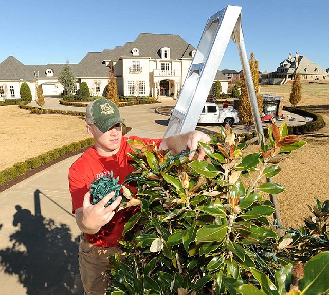 Kyle Marino, an employee of Christmas Decor of Northwest Arkansas, decorates a magnolia tree in front of a home on East Bridgewater Lane in Fayetteville. 