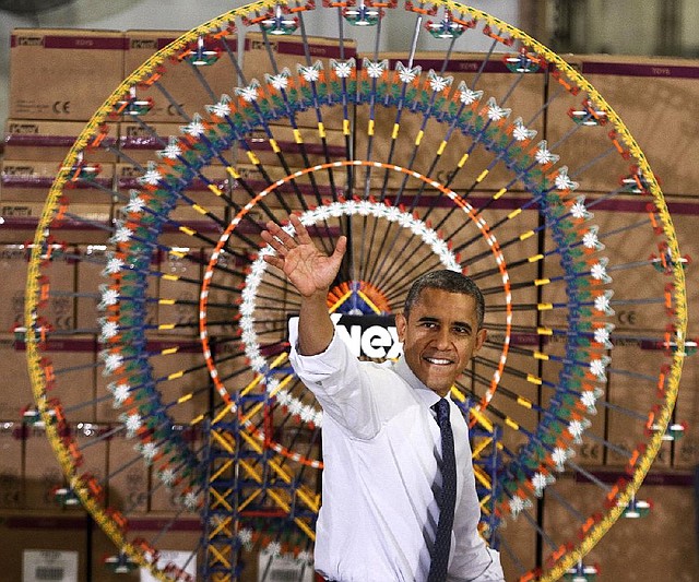 President Barack Obama leaves a campaign-style appearance Friday at a Tinkertoys and K’NEX factory in Hatfield, Pa. 