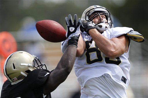 New Orleans Saints linebacker Lawrence Wilson, left, breaks up a pass intended for tight end Jake Byrne (82) during NFL football training camp in Metairie, La., Wednesday, Aug. 1, 2012. (AP Photo/Gerald Herbert)