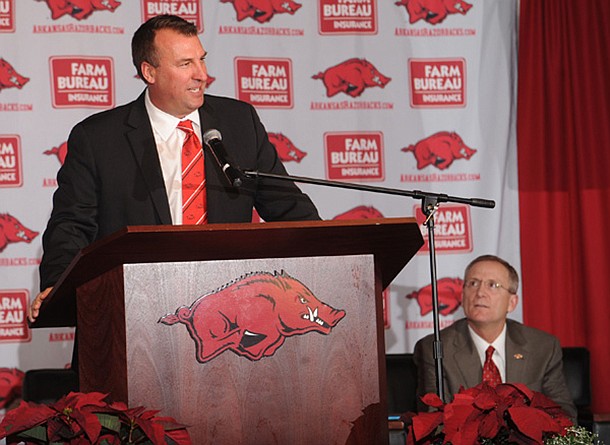 Bret Bielema speaks Wednesday during a news conference to announce his hire as the University of Arkansas’ football coach at the Broyles Athletic Complex on the university’s campus in Fayetteville. 