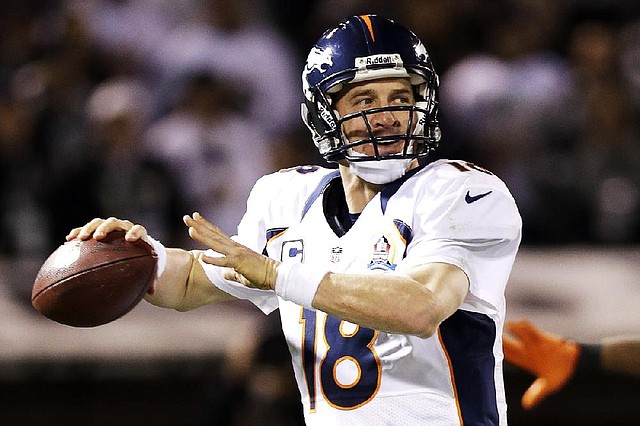 Denver quarterback Peyton Manning completed 26 of 36 passes for 310 yards with 1 touchdown and 1 interception to lead the Broncos to a 26-13 victory over the Oakland Raiders on Thursday in Oakland, Calif. 