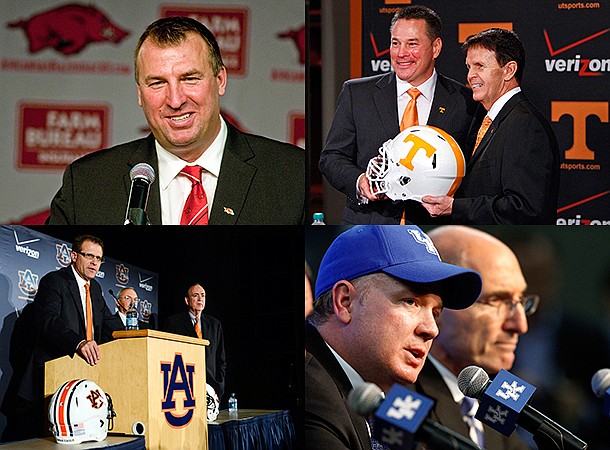 Clockwise: Bret Bielema (Arkansas), Butch Jones (Tennessee), Mark Stoops (Kentucky) and Gus Malzahn (Auburn) were hired to SEC programs this off-season. 