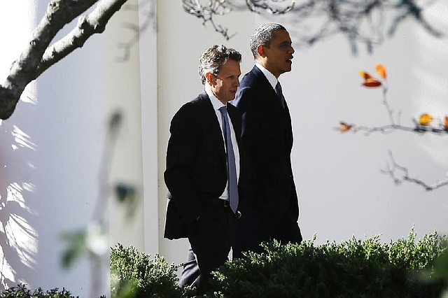 Treasury Secretary Timothy Geithner walks with President Barack Obama at the White House on Friday as budget negotiations continue without resolution. House Speaker John Boehner said Friday that there was “no progress to report.”