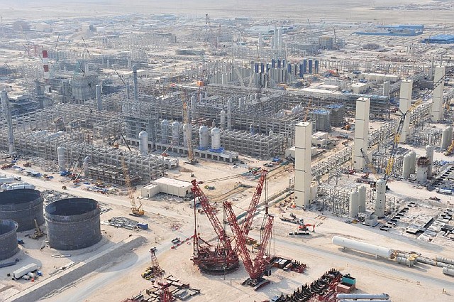 Construction in Qatar of the world’s largest gas-to-liquids plant, known as Pearl, is seen in a photo released by Shell International in 2010. Sasol intends to build a Louisiana plant that will rank second. 