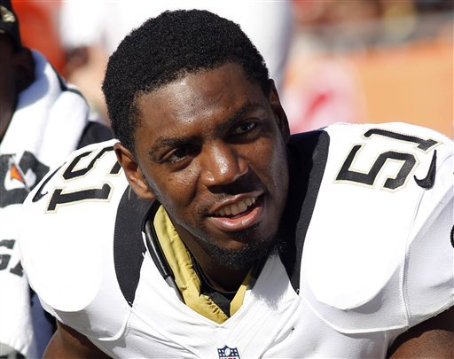 This Oct. 21, 2012 file photo shows New Orleans Saints linebacker Jonathan Vilma on the bench at an NFL game against the Tampa Bay Buccaneers in Tampa, Florida. More than nine months after the NFL first disclosed its bounty investigation of the New Orleans Saints, four players will finally get a ruling on whether their initial suspensions are upheld, reduced or thrown out. 