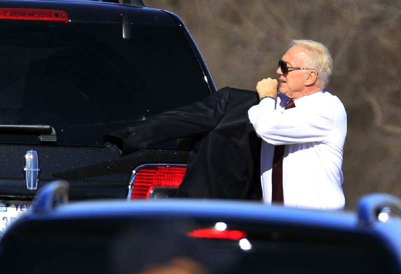 Dallas Cowboys owner Jerry Jones arrives Tuesday at a memorial service for Jerry Brown at Oak Cliff Bible Fellowship in Dallas. Brown died Saturday in a one-car accident that landed teammate Josh Brent in jail after police said he was driving drunk. 