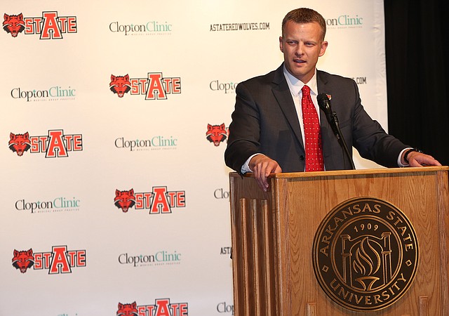 Bryan Harsin speaks to fans and media at press conference in Jonesboro Wednesday introducing him as the new Arkansas State Red Wolves' head coach.
