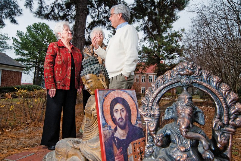 From the left, the Rev. Beth Turner, Val Temple and Jay McDaniel discuss the six-week series in interfaith dialogue they will hold in Morrilton, where people from different religions, including Islam and Buddhism, will speak.